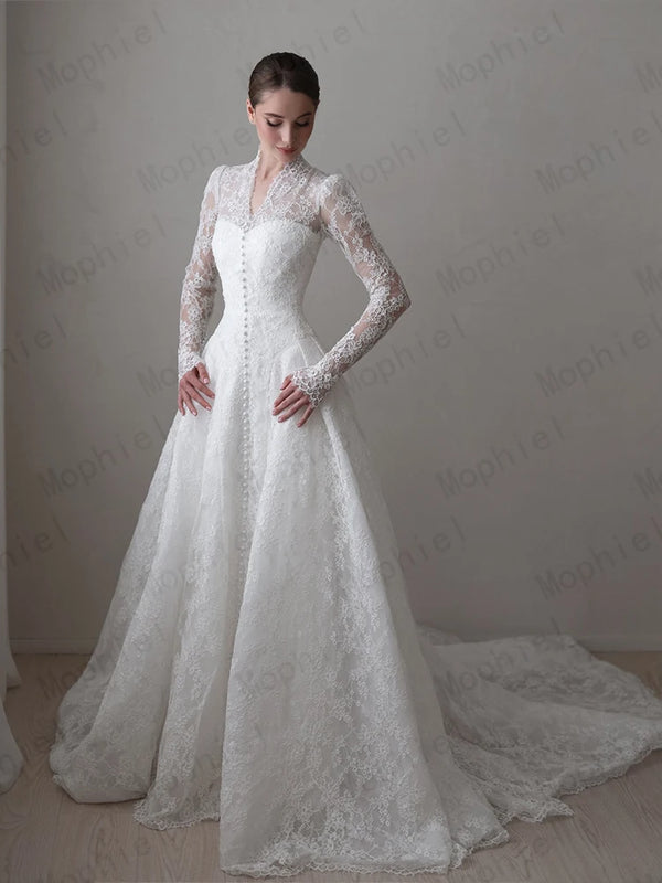 Mophiel Lace Weddings Dresses High Collar Long Illusion - View 5 | SAMAG
