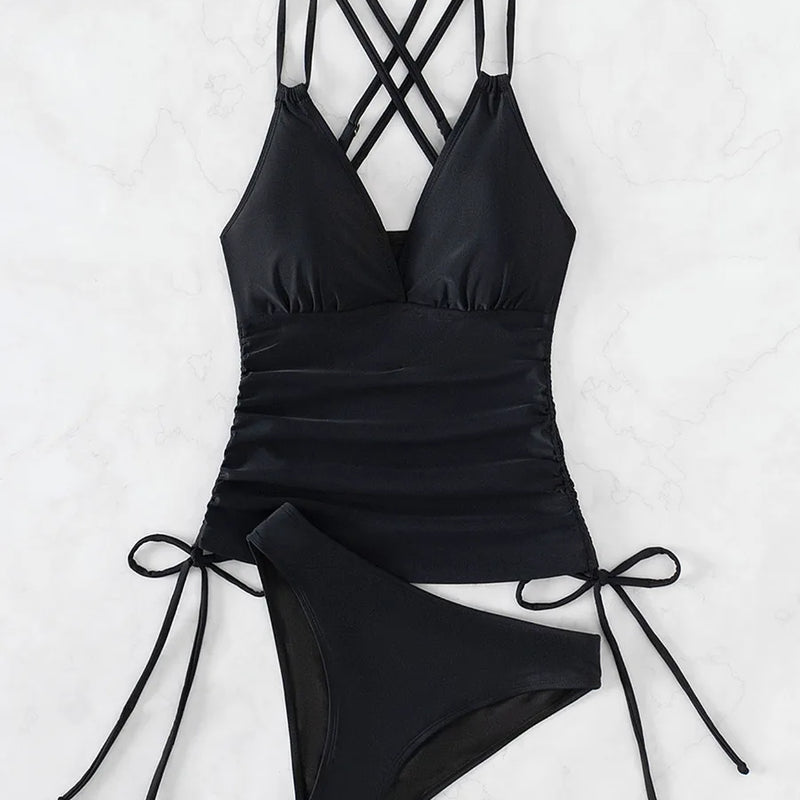 Tankini Solid Color Swimsuit Women High Waist V-neck | SAMAG
