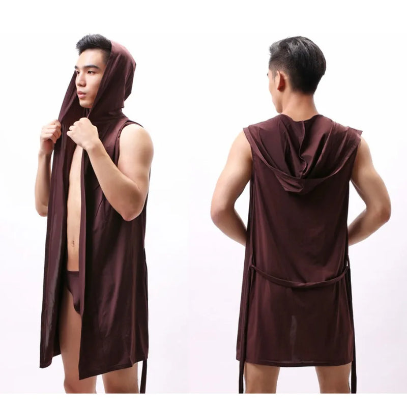 Men's Nightgown Sleeveless Oversized Silky Male Pajamas Hooded Bathrobe Ultra-thin Homewear Bath Robe Home Clothe