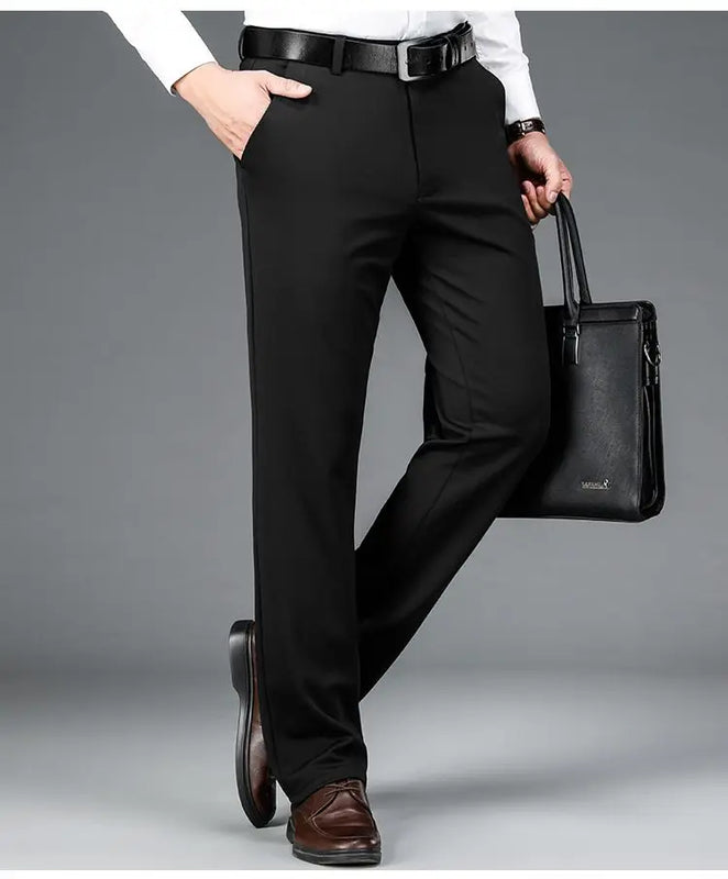 Winter Fleece Warm Business Formal Pants Men Classic Work Office Grey Elastic Waist Suit Thicked Thermal Trousers Plus