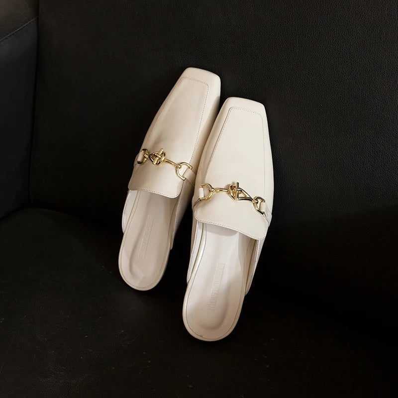 Premium Handmade Genuine Leather Cowhide Women's Shoes,Square Toe Low Heel Women Mules,Fashion Casual Women Slippers