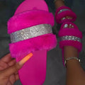 Women's New Thick Bottom Water Diamond Hairy Slippers for Women's Autumn /Winter Flat Bottom Large Slippers