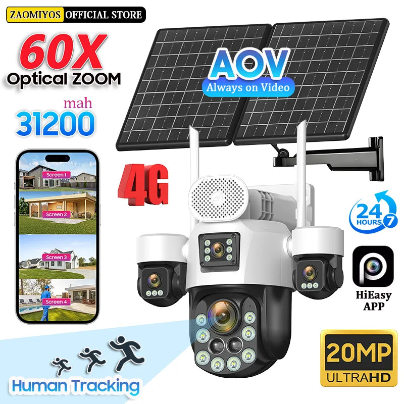 4 Lens Outdoor 360° Surveillance Solar Camera 20MP 60X Optical Zoom 4G SIM Home Security PTZ Auto Track AOV 24/7 Record CCTV Cam