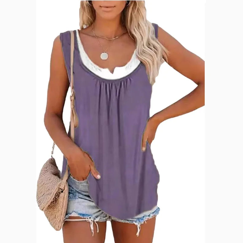 2024 summer new Europe and the United States women's blouse solid color patchwork sleeveless pleated vest T-shirt