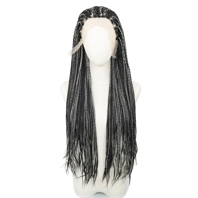 Ombre Grey Box Braided Wigs Braids For Black Women 26Inch Long Crochet Braids Synthetic Hair Wig Dark Roots 13x3 Lace Front Wig