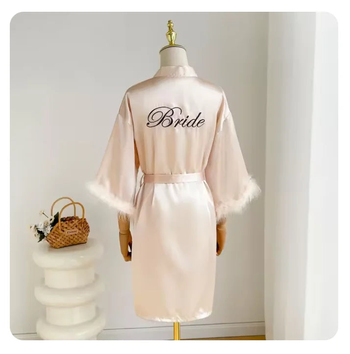 White Bride Wedding Robe with Feathers Women Satin | SAMAG