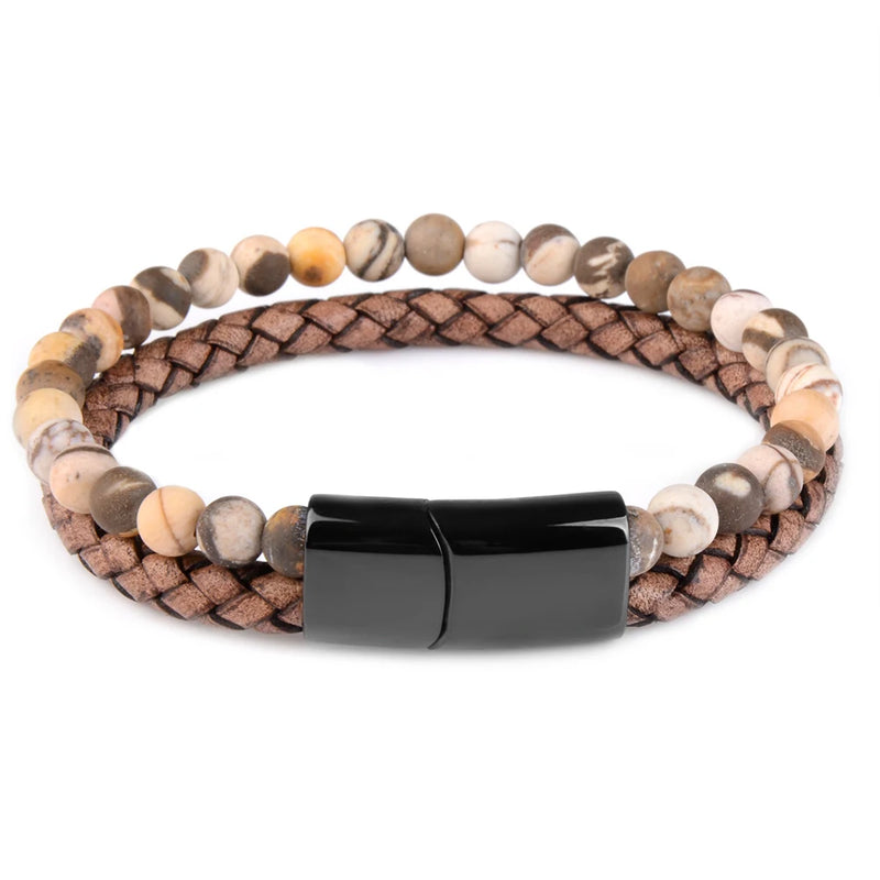 Natural Stone Bracelet Genuine Leather Braided Bracelets Black Stainless Steel Magnetic Clasp Tiger eye Bead Bangle Men Jewelry