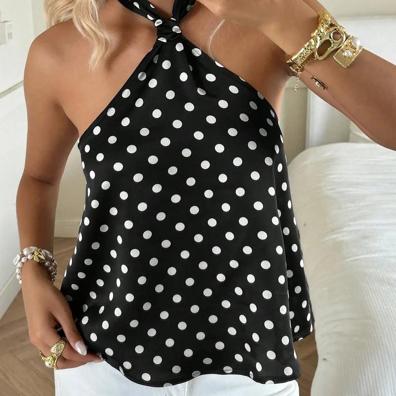 Women's Fashion Polka Dot Print Halter Necktie Top One Piece Round Dot Patterned Halter Style Vest-Style Upper Apparel