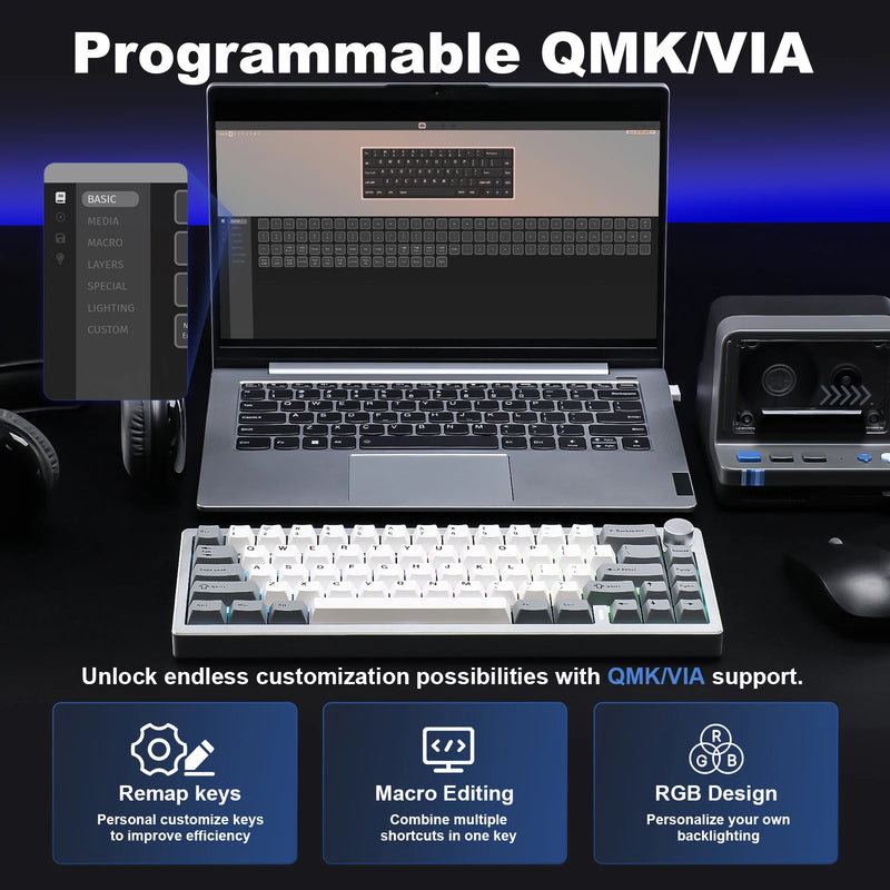 YUNZII AL68 Silver Wireless Custom Mechanical Keyboard, QMK/VIA Aluminum Keyboard, Hot Swap Gasket Gaming Keyboard with Knob
