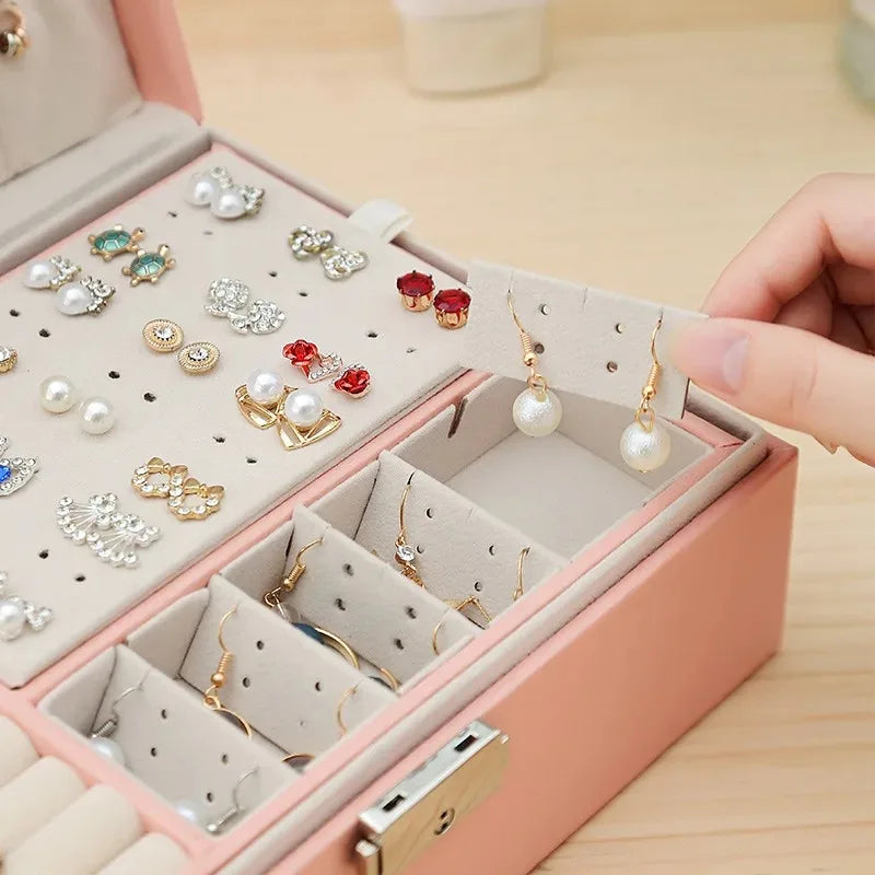 Double-layer Jewlery Box Ring Box Jewelry Boxes with Locks, PU Leather Jewelry Storage Organizer and Makeup Case