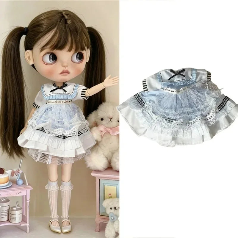 For Blythe Doll Outfit Clothing Princess Lace Maid Skirt Set Cute Plaid Pants Vintage Dress Clothes OB24 OB22 1/6 Accessories