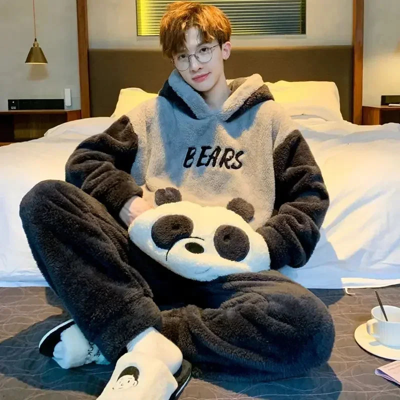 2025 New Autumn and Winter Loungewear Coral Fleece Pajamas Men Plus-size Long-sleeved Sleepwear Suit Thickened Plush Homewear