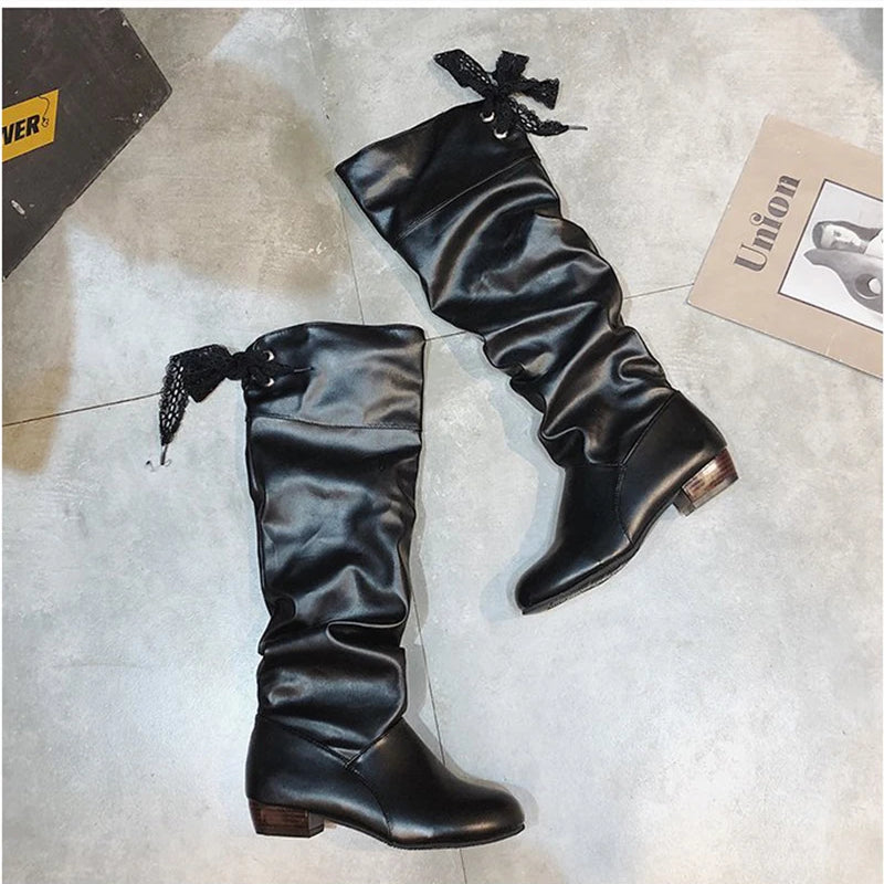Shoes For Women  Knee High Boots Red Black White Tall Boots Woman Pleated Low Heel Casual Leather Female Long Shoes 2024