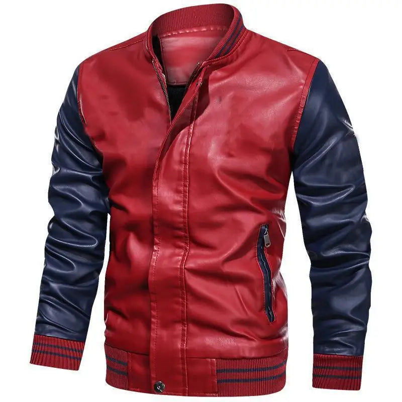 Men's Autumn Casual Baseball Collar PU Leather Jacket Contrasting Large Size Washed Leather Jacket Men's