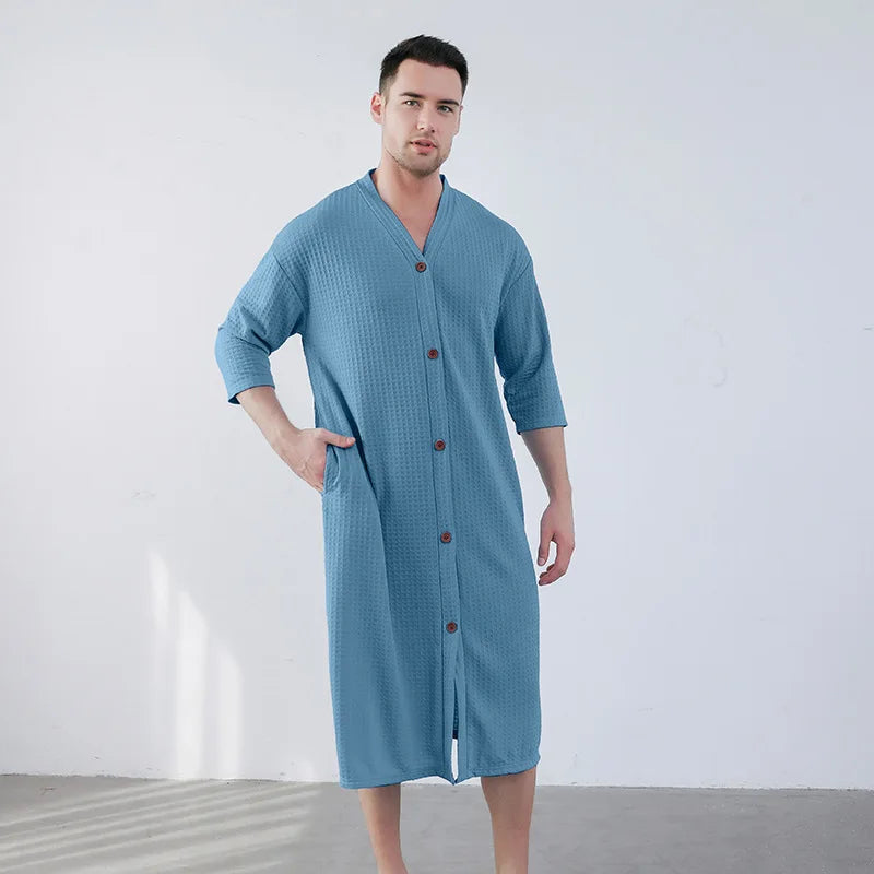 New Button Men's Pajamas Thin Fattened Plus Size Pajamas Bathrobes One-piece Pajamas Men's Loungewear Robe Kimono Bath Robe Men