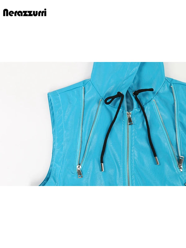 Nerazzurri Summer Autumn Short Black Blue Pu Leather Vest Men with Hood Zipper Luxury Designer Sleeveless Jacket Unisex Clothes