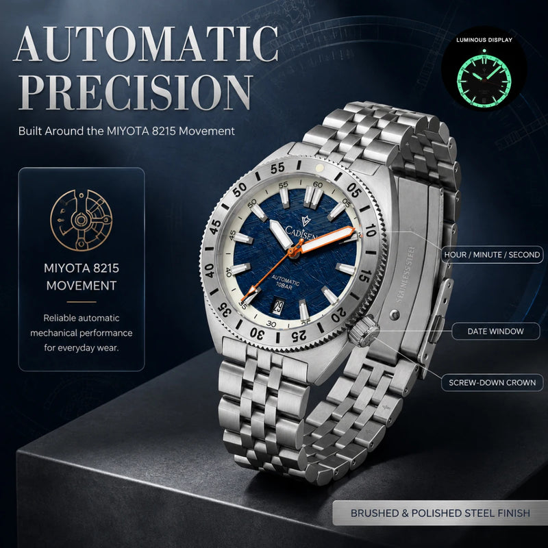 CADISEN Automatic Mechanical Wristwatch Man Meteorite Dial Business Casual 100M Waterproof MIYOTA 316L Stainless Steel Men Watch