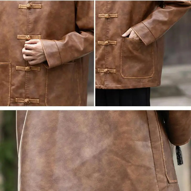 M-XXXXXL Plus Size Men PU Leather Vintage Frog Button Unique Design Hand Rubbed Finish Stand Collar Tang Suit Jacket