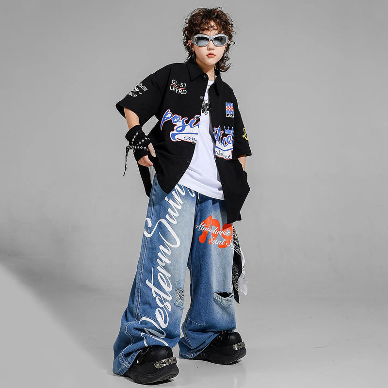 Kid Hip Hop Clothing Black Baseball Shirt Top Denim Blue - View 2 | SAMAG