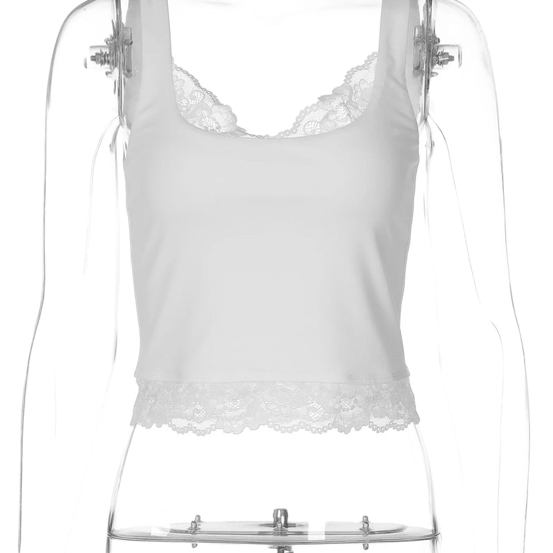Dulzura Square Collar Backless Slim Lace Ruffles Patchwork Tank Top Women'S Fashion Sexy Y2K Top Party Vacation Summer Clothes