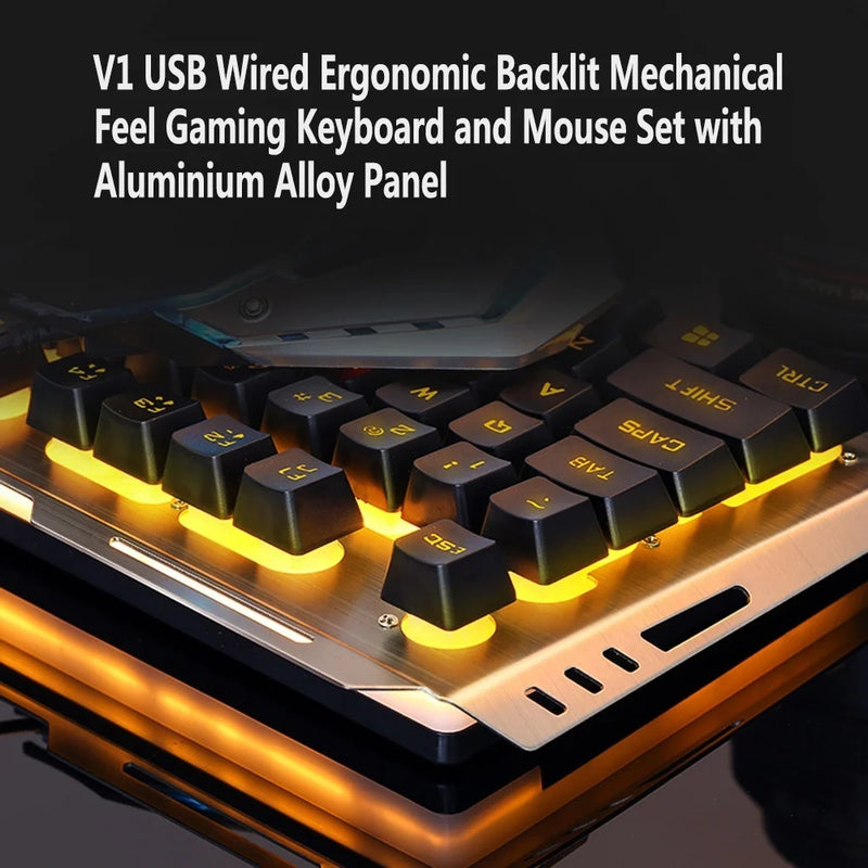 V1 USB Wired Mechanical Gaming Keyboard and Mouse Combo Ergonomic Keyboards Plating Mouse for PC Laptop Computer Gaming