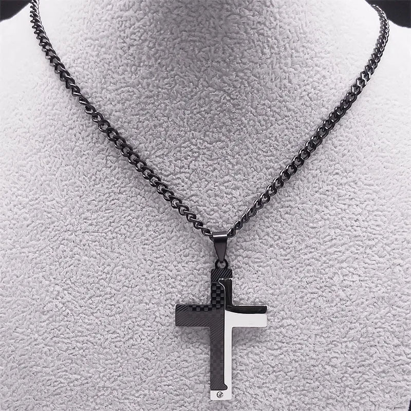 Goth Stainless Steel Cross Pendant Necklace Biker Men Punk Black Silver Color Crucifixion Crystal Necklace Hip Hop Jewelry N6337