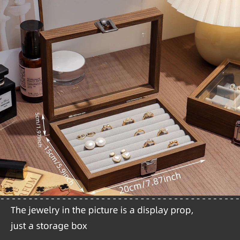 Walnut wood color jewelry box; exquisite wooden ring box, earrings, studs, necklace, trinkets multi-compartment storage box