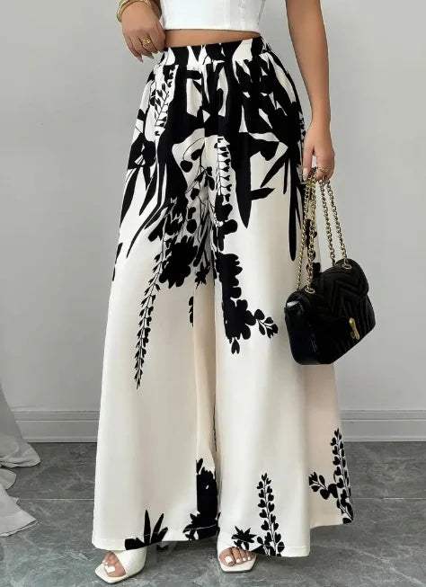 Women Black Ink Floral Print Wide Leg Pants Elastic High Waist Silky Satin Palazzo Trousers Summer Vacation Casual Loose Long Pants Beach Bottoms Vestidos