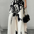 Women Black Ink Floral Print Wide Leg Pants Elastic High Waist Silky Satin Palazzo Trousers Summer Vacation Casual Loose Long Pants Beach Bottoms Vestidos