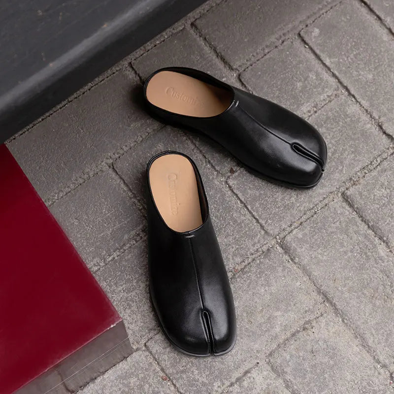 New Genuine Leather Cowhide Women Mules, Split Toe Slip-on Women Slippers,Fashion Flats Women Shoes