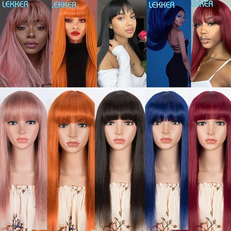 Lekker Rose Pink Bone Straight 100% Human Hair Wigs With Bangs For Women Brazilian Remy Hair Glueless Colored Long Wigs