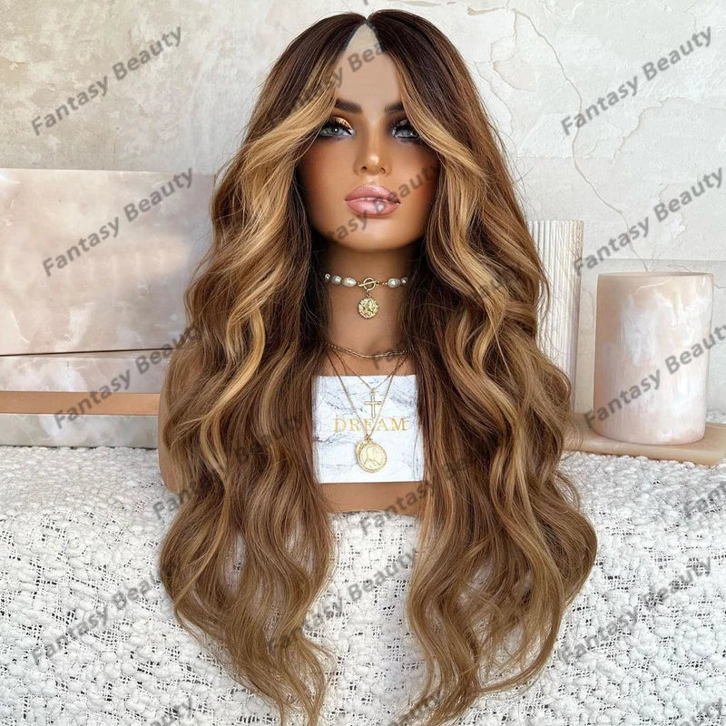 Highlight Human Hair Honey Brown1x4 Opening V Part Wigs with Clips Glueless 30Inches Dark Brown V Part Wigs for Women Easy Wear