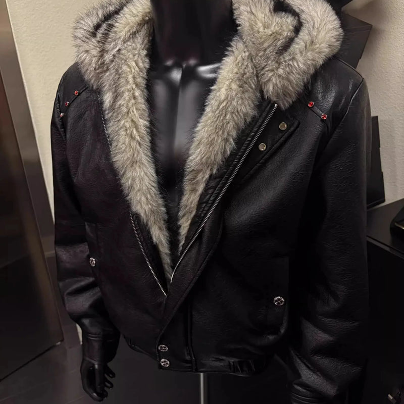 Good Quality PU Leather Faux Fur Leather Jacket Winter Coat Man Woman Vintage Casual Thicken Warm Leather Coat Outerwear