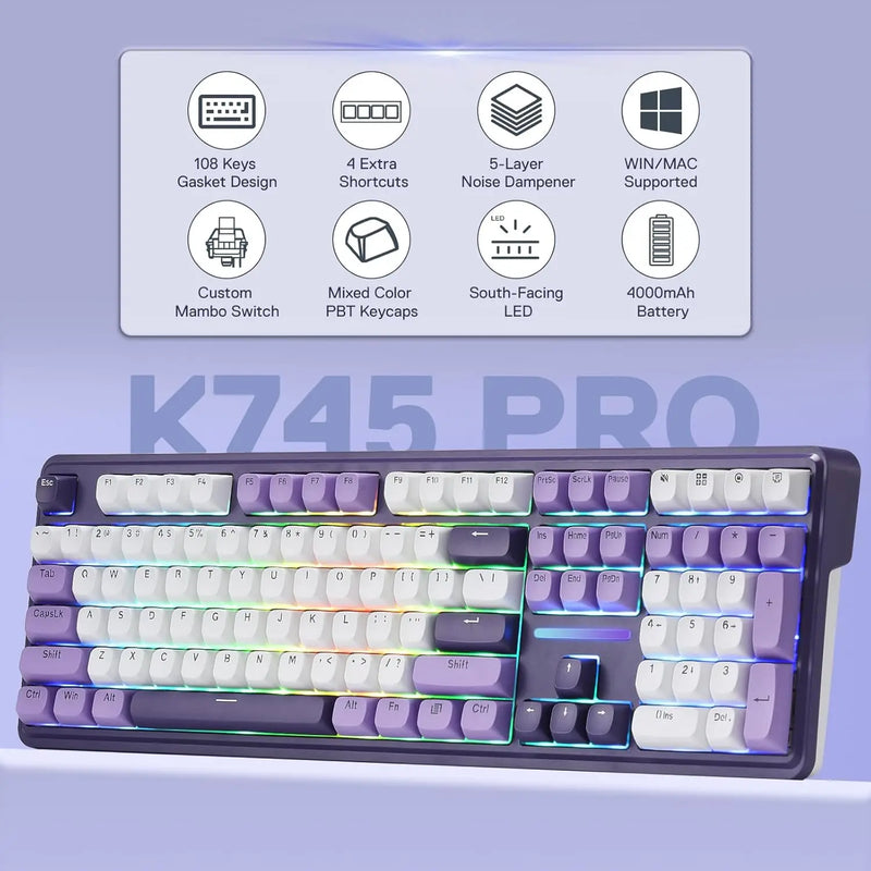Redragon Wireless Gasket RGB Gaming 108 Keys Mechanical Keyboard,Hot-Swap South-Facing LED Socket,,Mint Mambo Switch