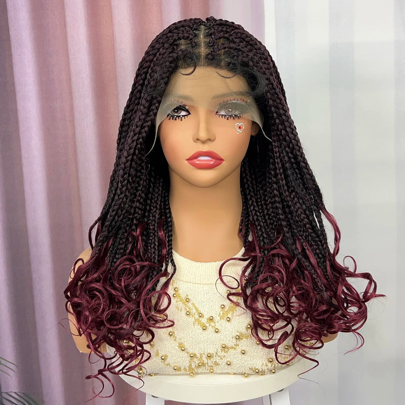 Knotless Box Braided Wig with Wavy Ends Synthetic Lace Frontal 1B-30 Dark Ombre Braided Lace Wig with Baby Hair for Black Women