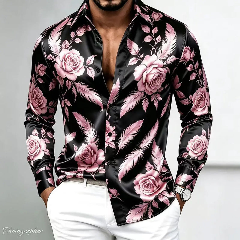Men's Retro Baroque Printed Satin Silk Shirt Long Sleeved | SAMAG
