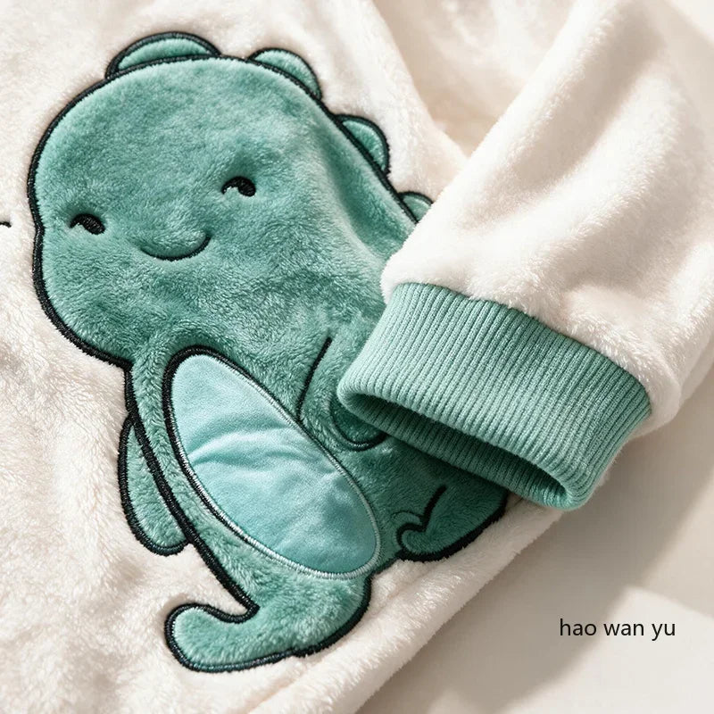 Autumn and Winter Men's Pajamas Simple Casua Homewear Sleepwear Warm Coral Fleece Nightwear Plus Size Dinosaur and Bear Pattern