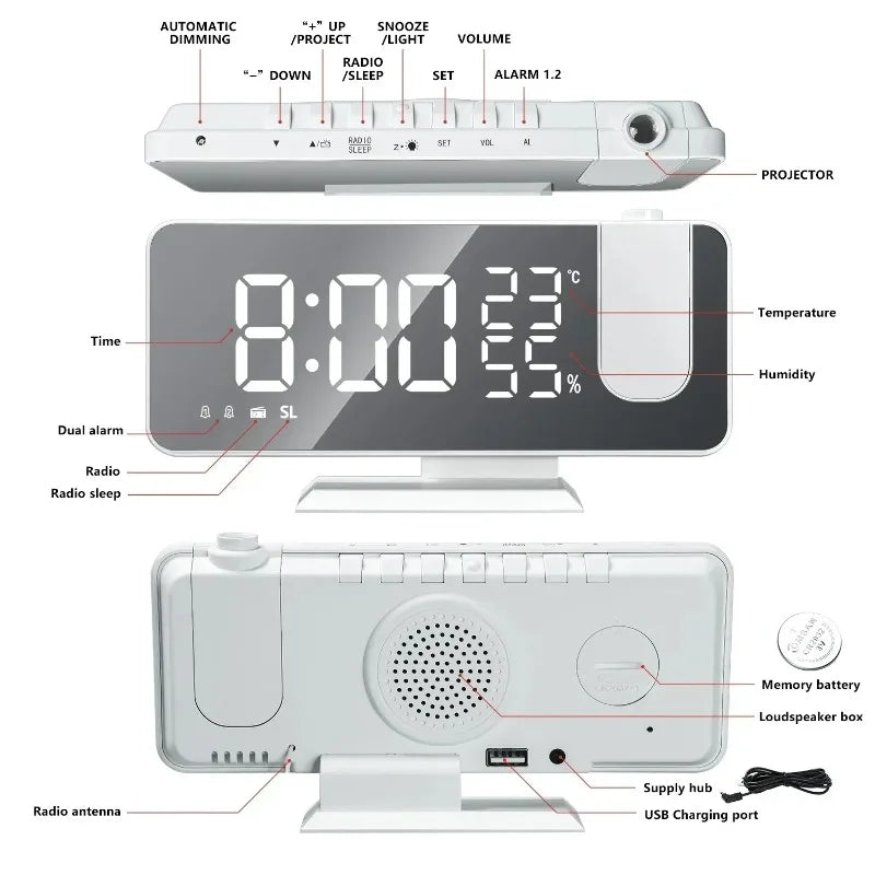 Alarm Clock Radio LED Digital Smart Watch Table Electronic Desktop Clocks USB Wake Up Clock with 180° Time Projector Snooze