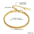 Hip Hop Men's Stainless Steel Rope Chain Bracelets,2/3/4/5mm Gold Color Adjustable Twisted Chain Wristband,Punk Casual Jewelry