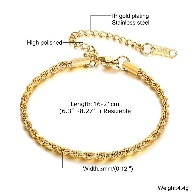 Hip Hop Men's Stainless Steel Rope Chain Bracelets,2/3/4/5mm Gold Color Adjustable Twisted Chain Wristband,Punk Casual Jewelry