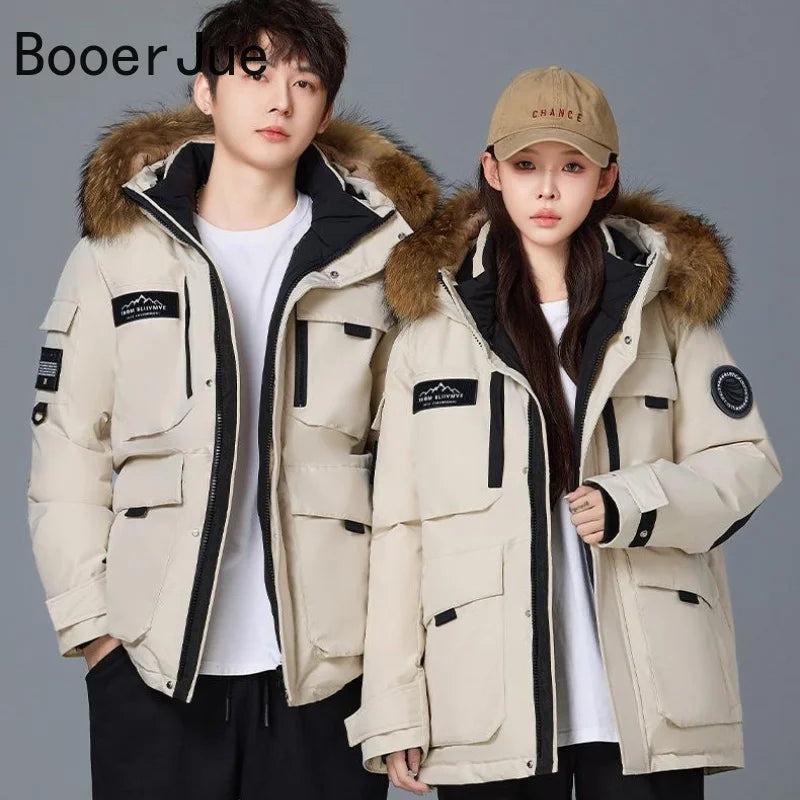 Outdoor Hiking Winter Mens Hooded Fur Collar Duck Coats Climbing Waterproof Coats Fashion Parkas Male Casual Warm Down Jackets