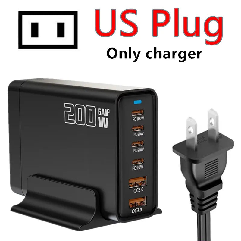200W Desktop USB C Quick Charger GaN PD Fast Charger 6 Port Mobile Charging Adapter For Laptop iPhone 17 16 15 Samsung Xiaomi