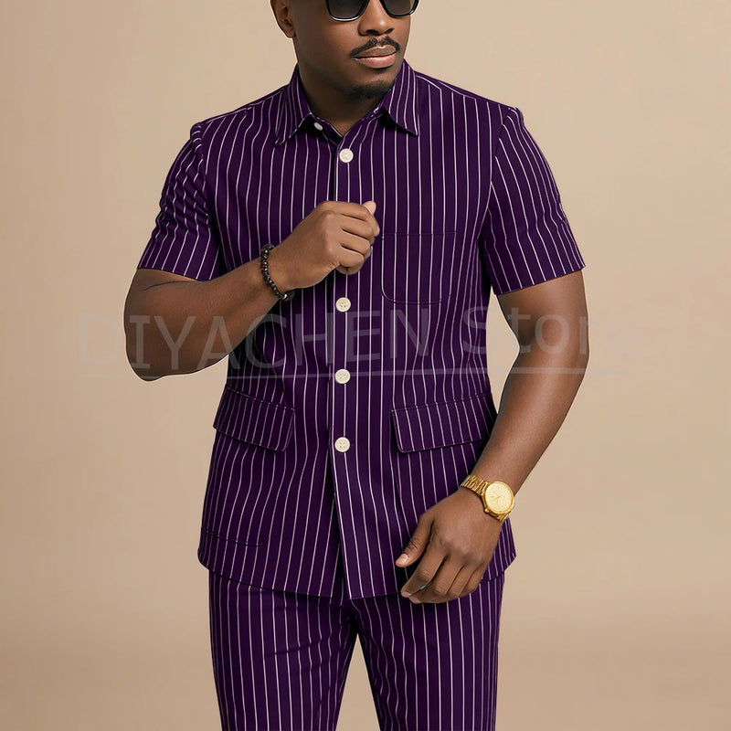 Navy Blue Striped Men Suits Chic Stand Collar Short Sleeves Wear Single Breasted Office Business Casual Male Suit 2 Piece