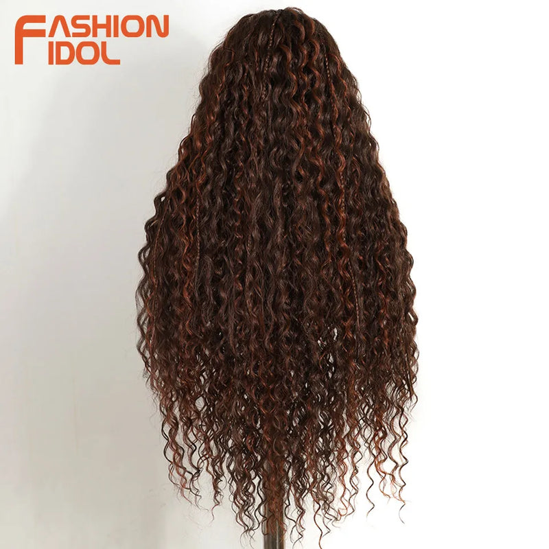 FASHION IDOL 32 inch 13x4 Box Braided Lace Frontal Wigs For Black Women Synthetic Brown Twist Faux Locs Wigs Goddess Braids Wigs