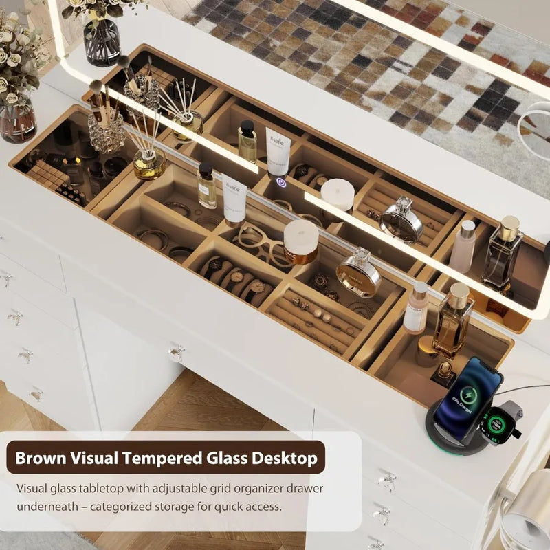 White Makeup Vanity with 11 Drawers and Glass Top Adjustable Brightness Lighting Mirror for Bedroom 3 Lighting Modes Makeup Des
