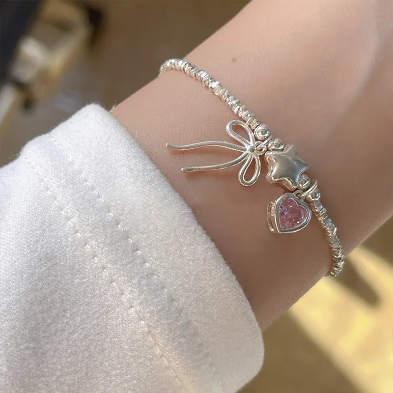 VENTFILLE 925 Sterling Silver Zircon Love Heart Bracelet For Women Bowknot Stars Bead Snake Bone Chain - Visuel 2 | SAMAG