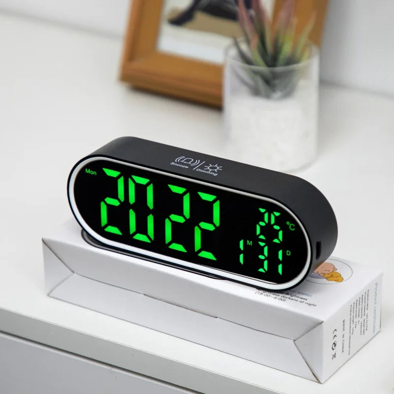 Digital Alarm Clock TEMP Date Week 2 Alarms Night Mode Snooze 12/24H Anti-disturb Voice Control Rechargeable LED Mirror Clock
