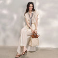 MISHOW Women's Linen 2 Piece Sets 2026 Summer Lapel V-neck Shirt High Waist Wide Leg Pants Set with Scarf Office Lady MXF20T1713