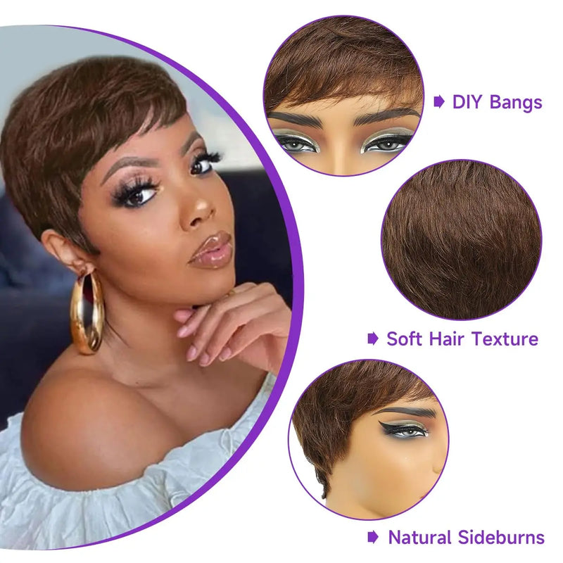 Short Pixie Cut Wig Layered Chocolate Brown Cut  Human Hair Wig 4# Straight Hair Pixie Wigs with Bangs Full Machine Duby Wig