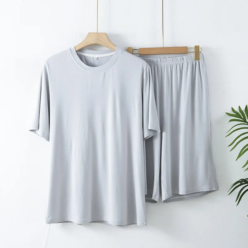 2pcs Men's Pajama Set Minimalist Solid Style Bamboo Fiber Fabric Short Sleeve Shorts Lightweight Soft Breathable Loungewear Set